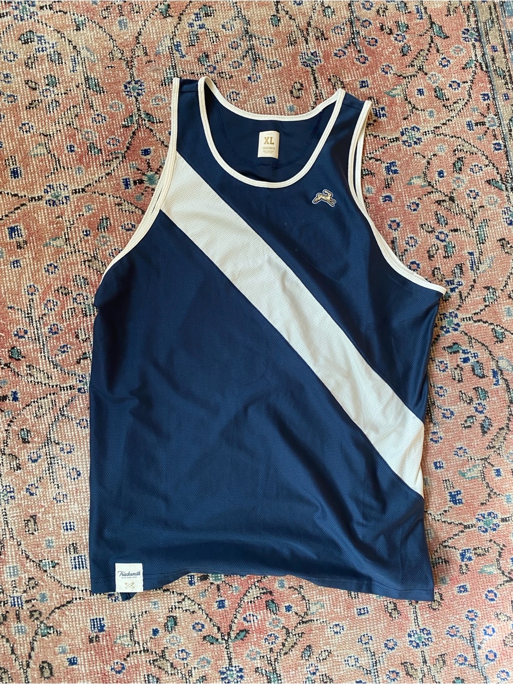 Tracksmith Navy and White Diagonal Stripe Athletic Tank